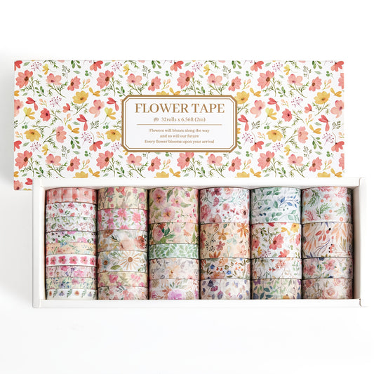 Estojo com 32 rolos de fita adesiva floral washi