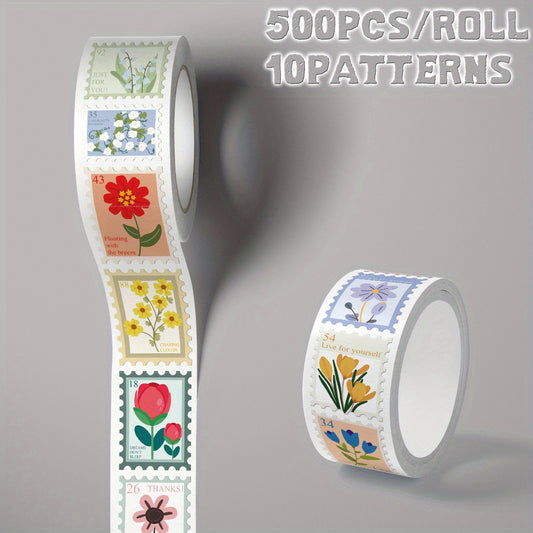 1 Rolo com 500 peças de adesivos florais clip art - 10 padrões diferentes